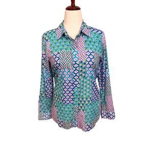 Talbots button up blouse tulips flowers long sleeve cotton blue green pink Sz M